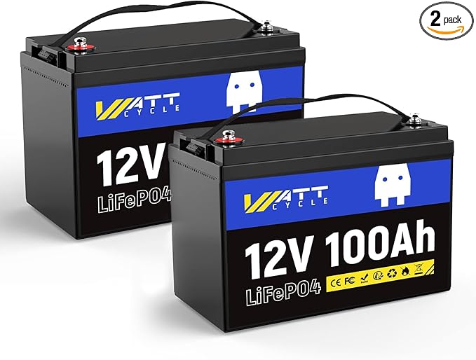WattCycle 2X 12V 100Ah LiFePO4 Lithium Battery - Group 24, 15000+ Deep Cycles, Built-in 100A BMS, Low-Temp Tech for RV, Solar, Marine, Trolling Motor, Home Energy Storage (2 Pack)
