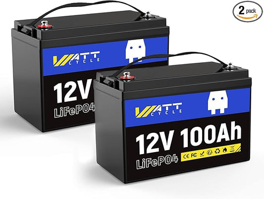 WattCycle 2X 12V 100Ah LiFePO4 Lithium Battery - Group 24, 15000+ Deep Cycles, Built-in 100A BMS, Low-Temp Tech for RV, Solar, Marine, Trolling Motor, Home Energy Storage (2 Pack)