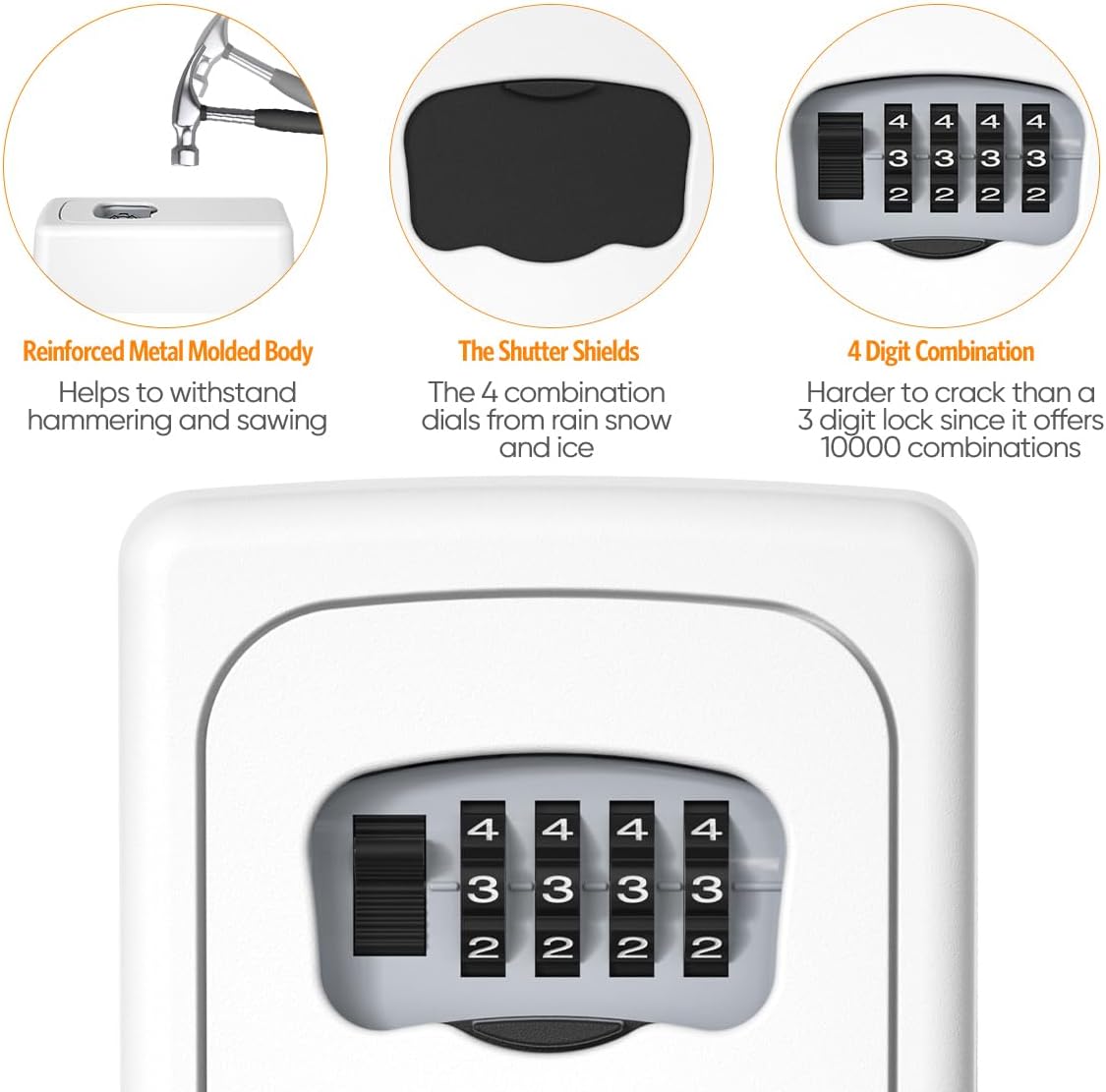 Key Lock Box Wall Mounted, Fayleeko 4 Digit Combination Lockbox for Outside, House Keys - 5 Keys Capacity, Key Safe Security Storage Lock Box for Indoor, Outdoor, Garage, Garden, Store (White, 1Pack)