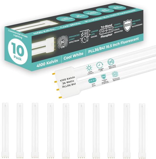 GoodBulb PLL36/841 36W 16.5" Twin Tube Compact Fluorescent Light Bulb 4-pin 2G11 Base 4100K Cool White 2400 Lumen 36000 Hour Long Life Biax Pack of 10
