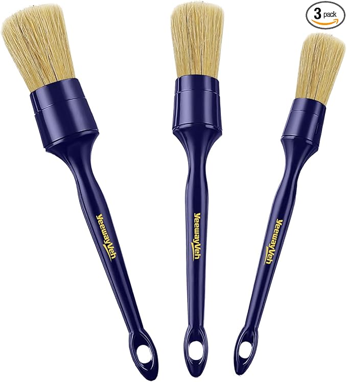 YeewayVeh Car Detailing Brush Set, 3 Pack Ultra Soft Boars Hair Detailing Brushes for Leather Seat Air Vents Engine Bay, Auto Detail Brushes Car Detailing for Interior Exterior, Indigo
