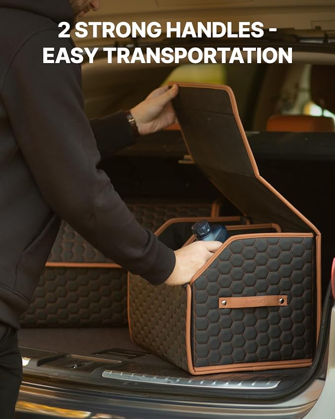 Owleys Sedan Trunk Organizer 17.7" Storage Tote For Groceries, Tools & Travel Gear - Foldable Eco-Leather Car Crate With Magnetic Lid | Stylish Presents For Drivers | Black-Brown (Hexy 17)