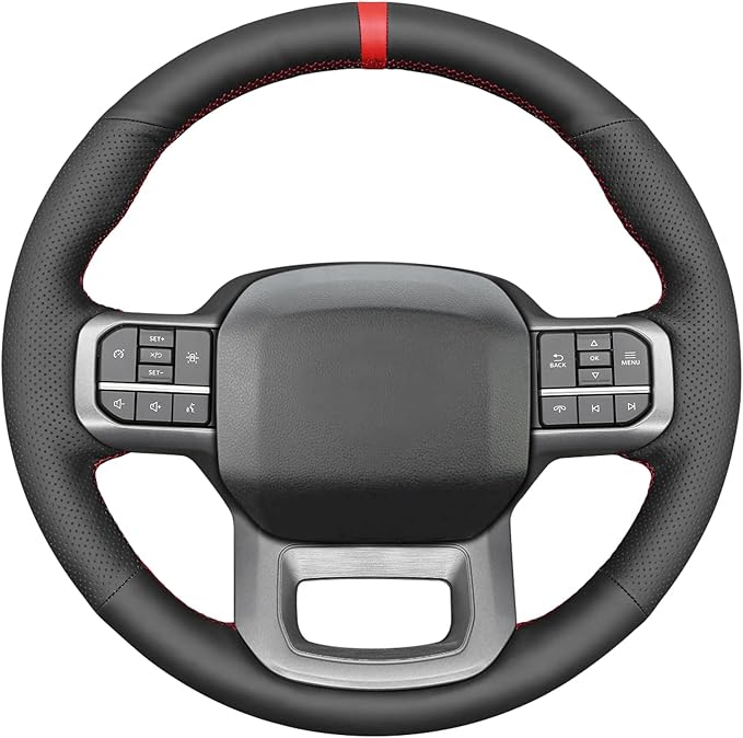 MEWANT DIY Hand Stitch Black Genuine Leather Steering Wheel Cover for Ford F-150 2021-2023 / F-150 Lightning 2022-2023
