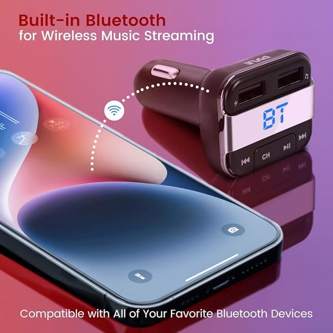 Pyle Cigarette Lighter Bluetooth FM Transmitter - Universal Wireless Car Bluetooth Adapter, Music Audio Stereo Radio Receiver w/Mic, Handsfree Calling, Siri/Google Asst, USB, SD Card Slot - PBT91.5