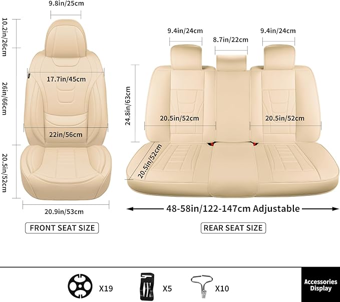 Car Seat Covers for Full Set – Waterproof & Breathable Faux Nappa Leather, 360° Wrap Design, Airbag Compatible, Lumbar Support, Perfect for Drivers Who Sweat-Breathable Design. – Beige