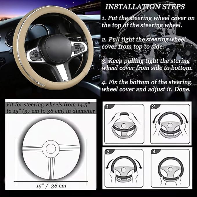Car Steering Wheel Cover, Microfiber Leather Wheel Cover, Bright Strip Cute Steering Wheel Cover Universal 14.5-15 inch Car Accessory, Breathable, Anti-Slip, Warm in Winter and Cool in Summer