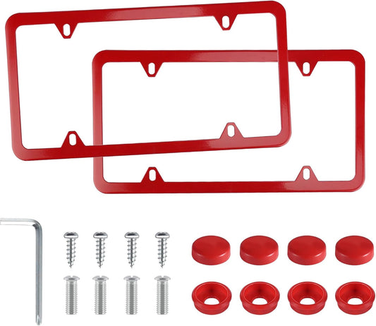 LivTee 4 Holes Stainless Steel License Plate Frames, 2 PCS Car Licence Plate Covers, Automotive Exterior Accessories Slim Design with Bolts Washer Caps for US Vehicles, Red