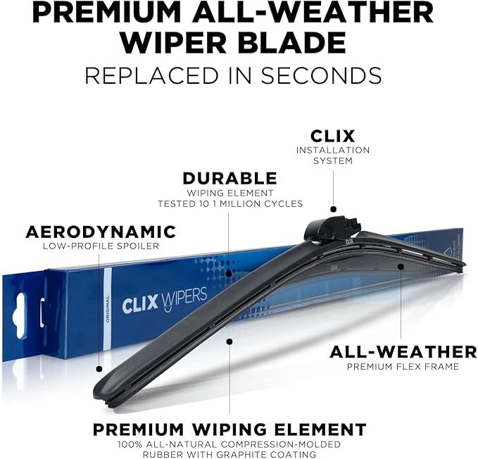 ClixWipers 24" + 22" High Performance Premium Automotive Replacement Windshield Wiper Blades, Passenger and Driver Side Wiper Blade Designed For All Weather & Winter Conditions (Set of 2)