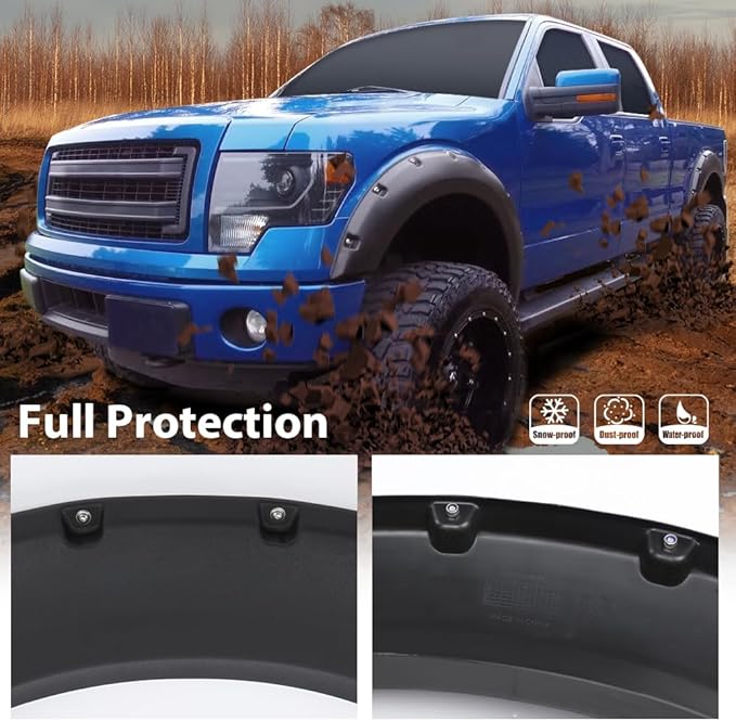 4PCS Fender Flares Fit for 2009-2014 Ford F150 Styleside w/ 67.0"/78.8"/97.4" Bed Length,Wheel Trim Cover Accessories Pocket Riveted Textured FO1269100, FO1268100, 9L3Z16038B, 9L3Z16038A, 9L3Z16039B