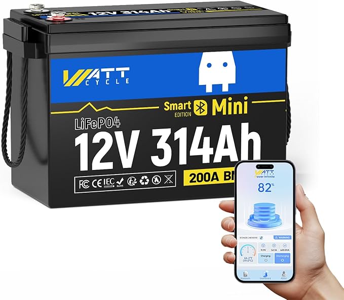 12V 314Ah Lithium LiFePO4 Battery Mini with Bluetooth 5.0 BMS 200A, 4.01kWh Energy, Upgraded Aluminum Cooling Fins & Braided Copper Wires, upporting devices over 2000W (1 PACK)