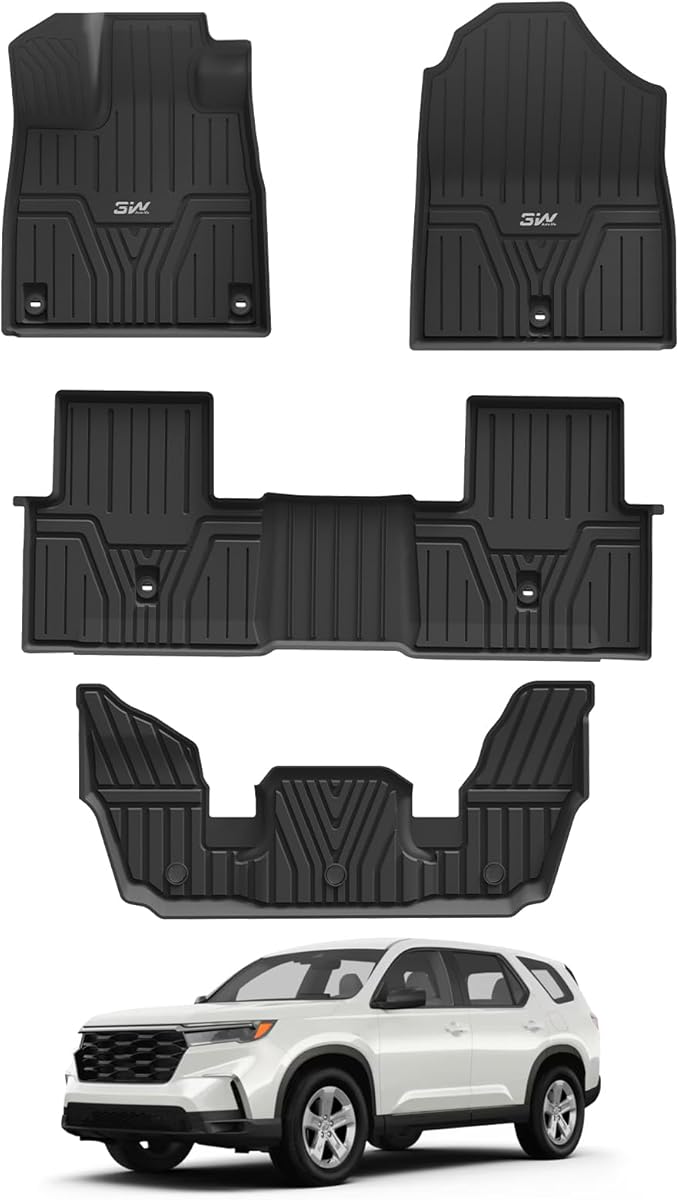 3W Floor Mats Fit for 2025 2024 2023 Honda Pilot, Custom Fit Floor Liner for 1st 2nd and 3rd Row Full Set TPE All-Weather Car Liners, Black