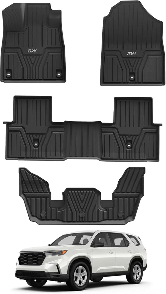 3W Floor Mats Fit for 2025 2024 2023 Honda Pilot, Custom Fit Floor Liner for 1st 2nd and 3rd Row Full Set TPE All-Weather Car Liners, Black