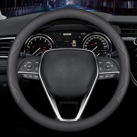 LKWLIKEI Nappa Premium Leather car Steering Wheel Cover, Non-Slip, Breathable, Universal 15 inches,Black and red Blue line