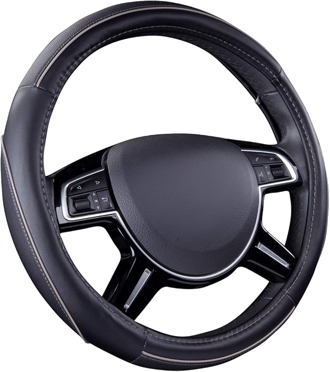 Car Pass Color Piping Microfiber Leather Universal Fit Steering Wheel Cover,Perfectly fit for 14.5-15 inches Suvs,Vans,Trucks,Sedans,Cars,Automotive(Black & Gray or Grey)