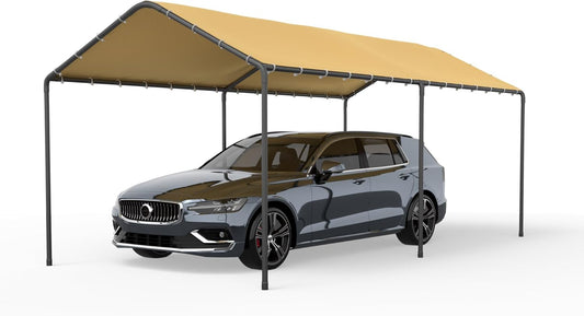 Carport, 10‘ x 20’ Heavy Duty Portable Garage All-Season Car Canopy w/Removable Sidewall & Doors, Carport Canopy Party Tent w/Water-Resistant Tarp for Backyard (Yellow, 10' x 20' /no Side)