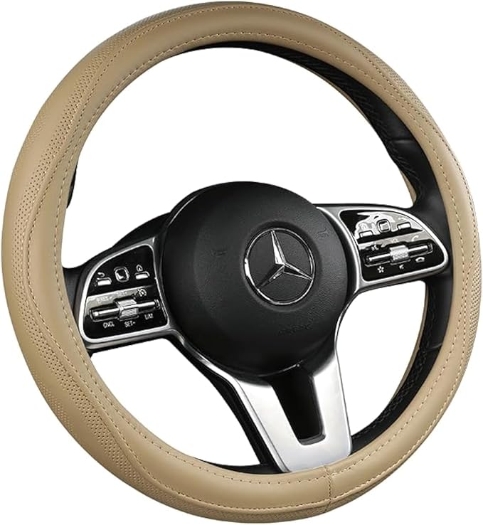 Cowhide Steering Wheel Cover Heat Resistant Anti-Slip Car Wheel Wrap Compatible with Most Makes and Models of Cars and Trucks with 14.5 to 15 Inch Steering Wheel