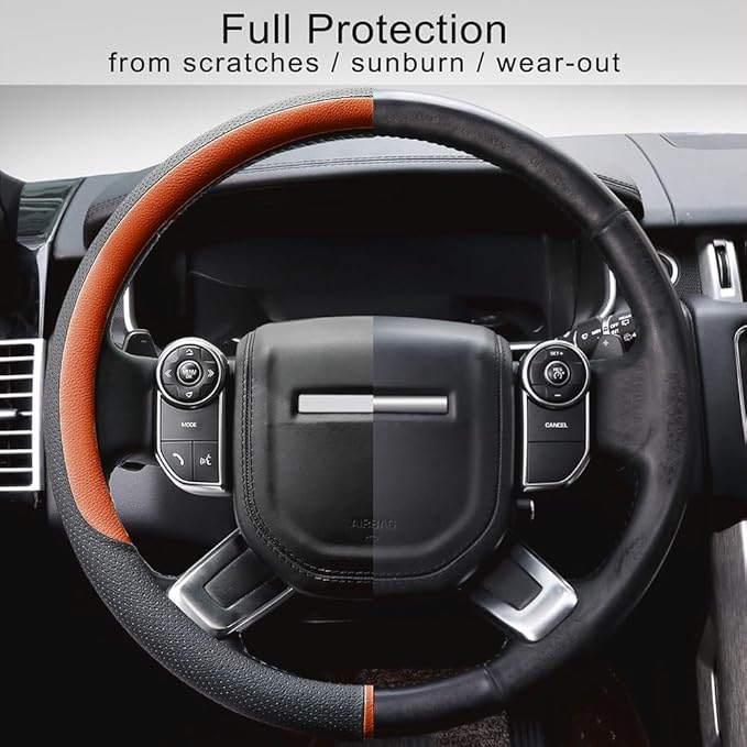 COFIT Breathable Car Steering Wheel Cover 15 inch Auto Universal Leather Wrap Non-Slip Steeringwheel Protector Automotive Interior Accessories, Orange (Suit for 14.5-15 inch)