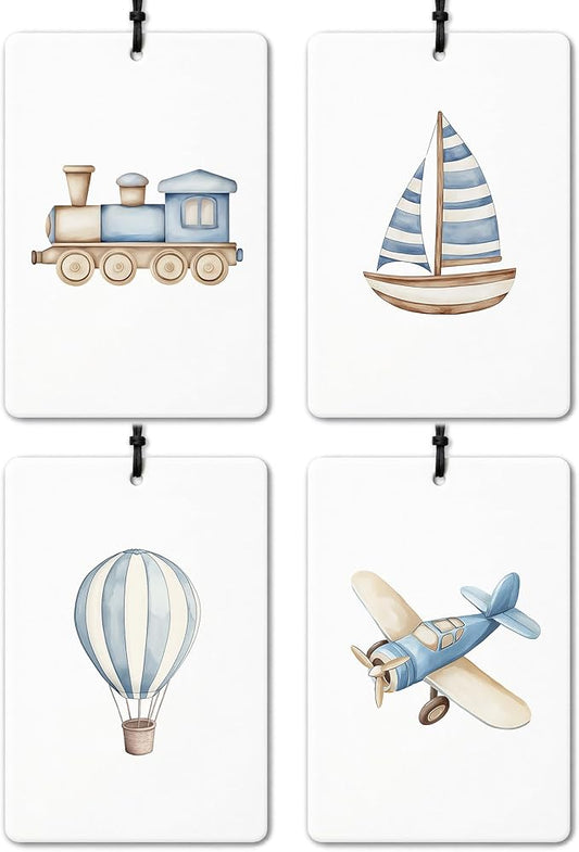 Blue Cute Car Air Freshener 4 Pcs, Watercolor Train Boat Hot Air Balloon Plane Hanging Air Freshener for Cars Closet Drawer Books, Blue Preppy Car Accessories for Women Men
