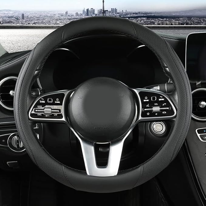 Car Steering Wheel Cover, Leather Steering Wheel Cover Black Universal 14.5-15 Inch Microfiber Leather Anti-Slip Breathable Auto Steering Wheel Covers Accessories for Men Women