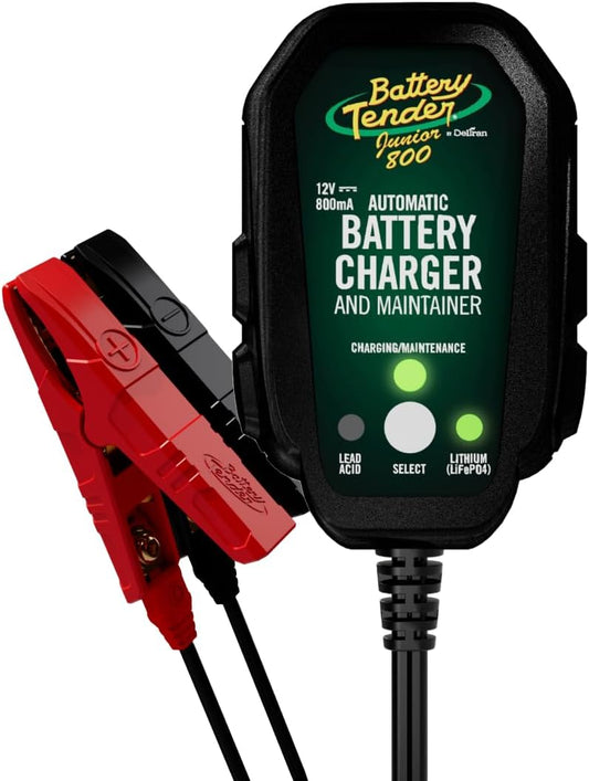 Battery Tender Junior 12V, 800mA Battery Charger and Maintainer for Lead Acid and Lithium Batteries - Switchable Battery Charger for Powersports - 022-0199-DL-WH