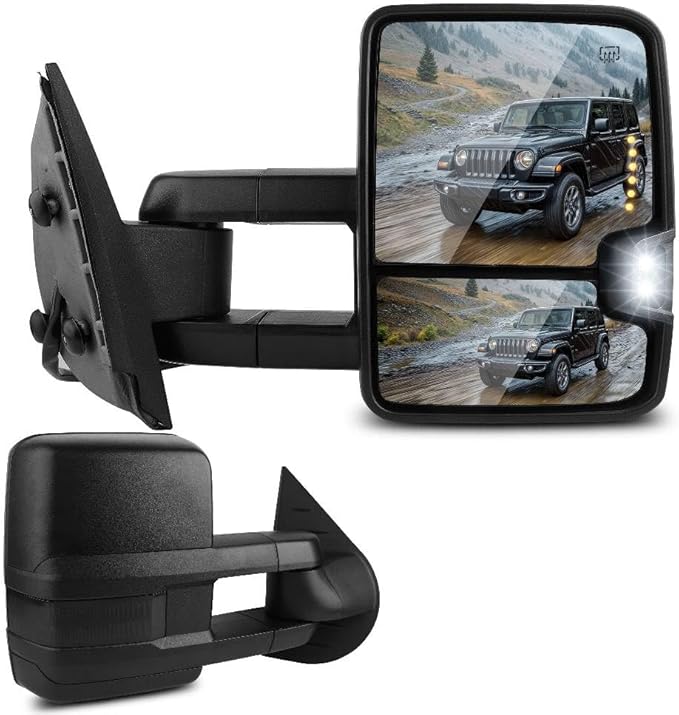DWVO Towing Mirrors Compatible with 07-13 Silverado 1500 2500 3500 Avalanche Tahoe Suburban GMC Yukon Sierra Cadillac Power Heated Manual Folding Telescoping LED Turn Signal Light Black