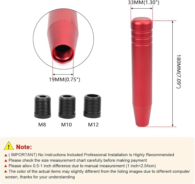 muge racing Universal Shift Knob with M8/M10/M12 x 1.25 Adapters, Heavy Duty Gear Shifter Handle for Most Vehicles, Easy Installation, Aluminum Alloy Non-Slip Grip, 7.09 Inch, Red