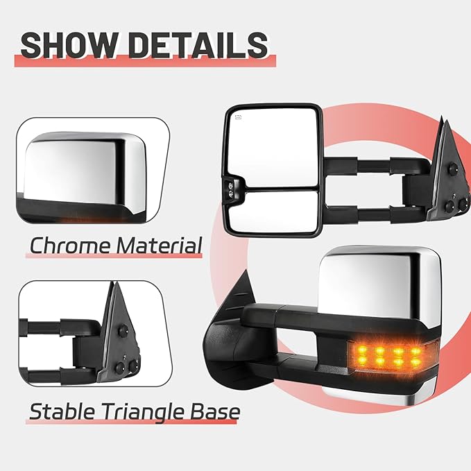 Towing Mirrors Replacement Fit for 2003-2006 Chevy Silverado/GMC Sierra 1500 2500 HD 3500 (2007 for Classic Models) Chrome Power Heated Amber Turn Signal Clearance Lamp Pair Set