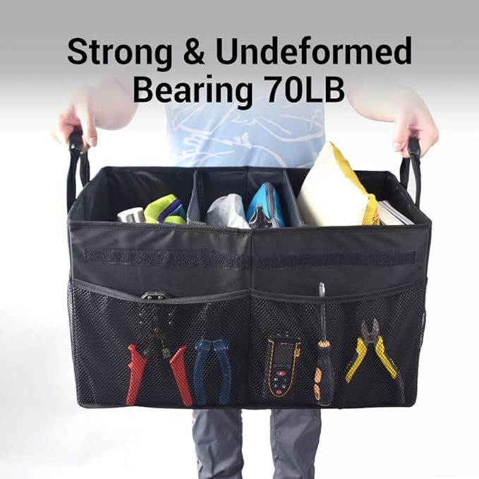 MIU COLOR Car Trunk Organizer with Lid, Collapsible Car Storage Organizer with Reinforced Leather Handles, Non-Slip Bottom, Trunk Organizer for SUV, Van, Jeep (Black with Strap, Extra Large)