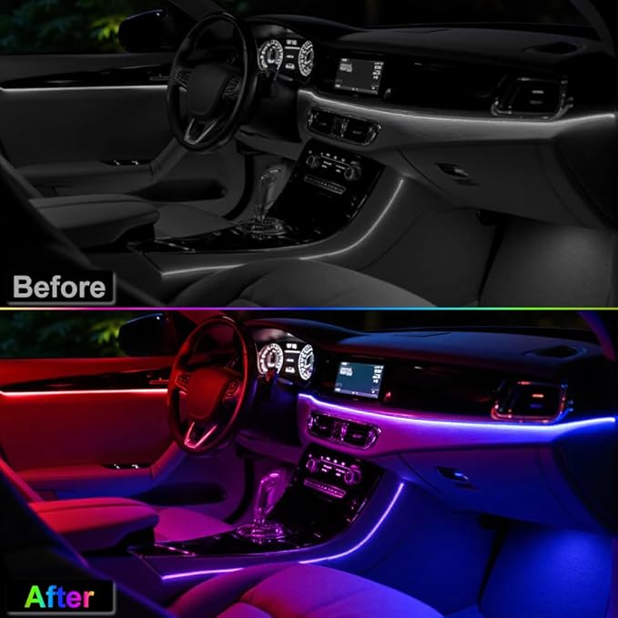Acrylic Interior Car Ambient Lighting Kits, LED Strip Lights with Wireless APP, Neon Fiber Optic Lights Function LED Strip for Car with Music Modes (10 in 1)