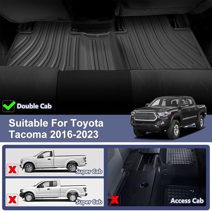 TPE Car Floor Mats for Toyota Tacoma 2016-2023 Double Cab (Only for Automatic), Custom Fit Carpet Floor All Weather Truck Mats - Front and Rear Row, 3PCS