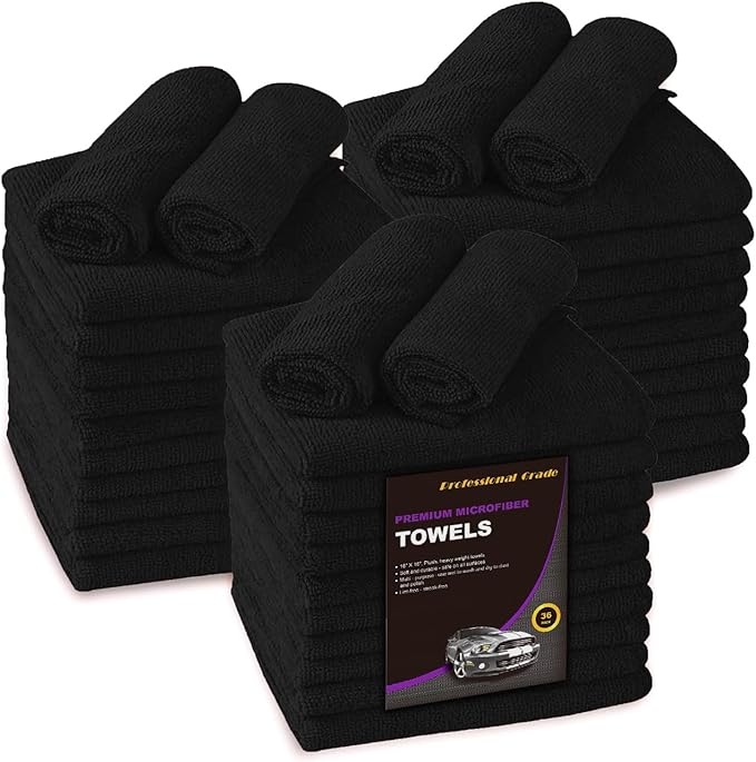 Blue Horizon Microfiber Cleaning Towels, 36-Pack Reusable Shop Towels, Ultra Soft Plush Wash-Cloths, Microfiber Detailing Cleaning Cloths for Car, Household and Commercial (Black, 16" x 16")