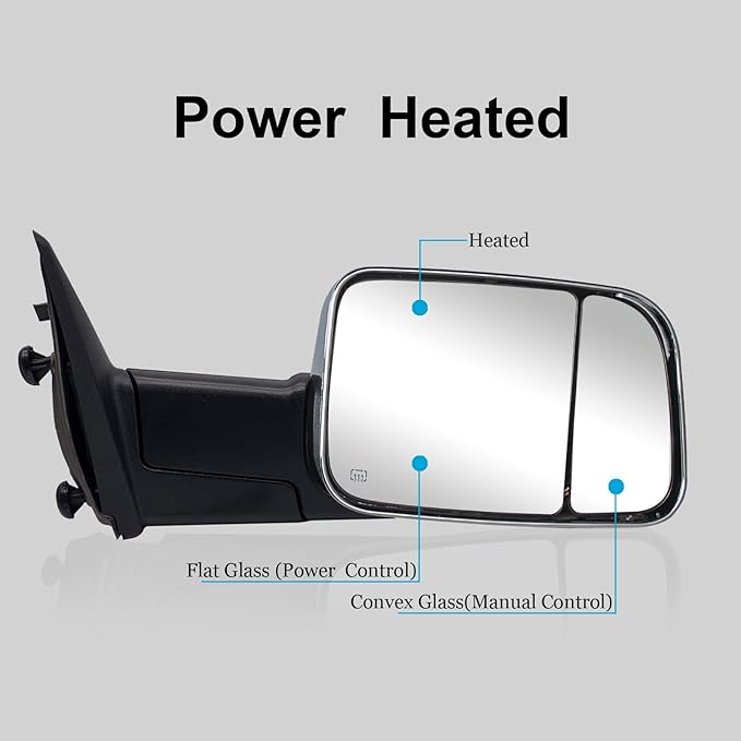 WLLW Towing Mirrors fit for 2009-2018 Dodge Ram 1500 2500 3500 Pickup with Heated, Power Adjusted, Puddle Lamp, Turn Signal Light, Temperature Sensor, Chrome Cap
