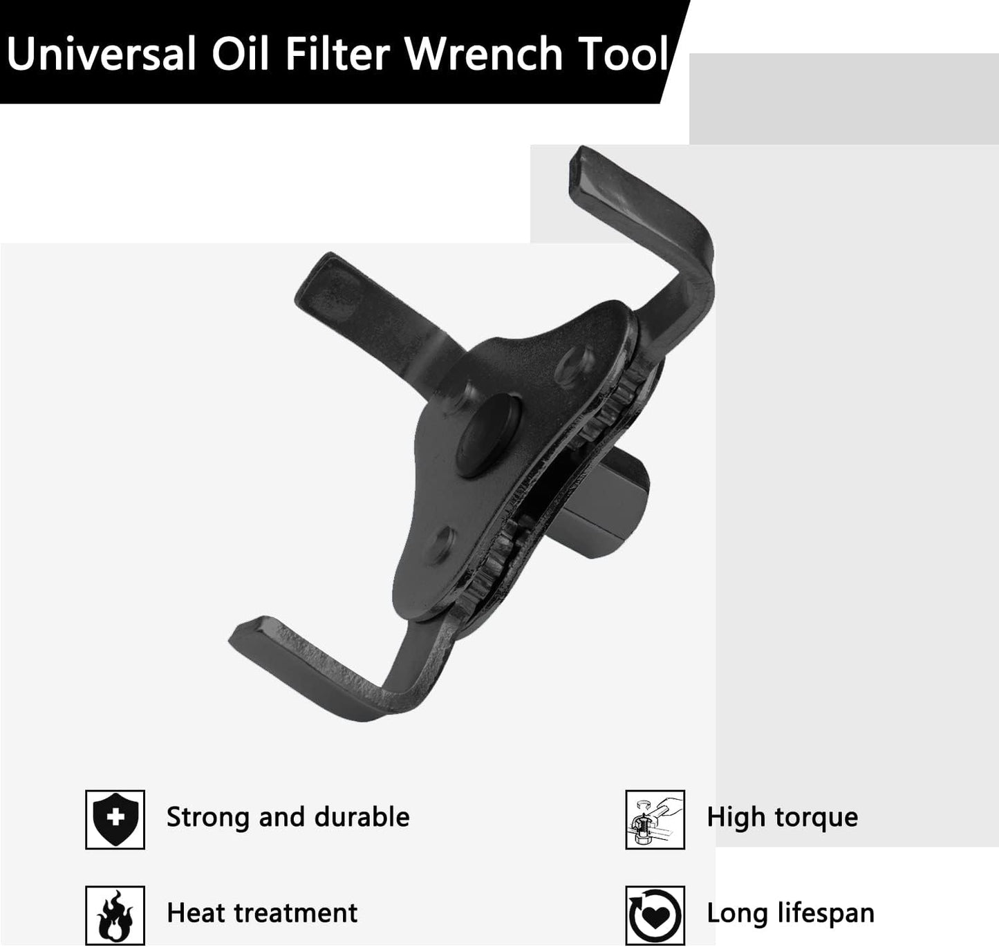 Universal Adjustable Oil Filter Wrench, Carbon Steel, Black, 1/2 & 3/8 Inch Square Drive Socket, 3-Jaw & 2-Way Design