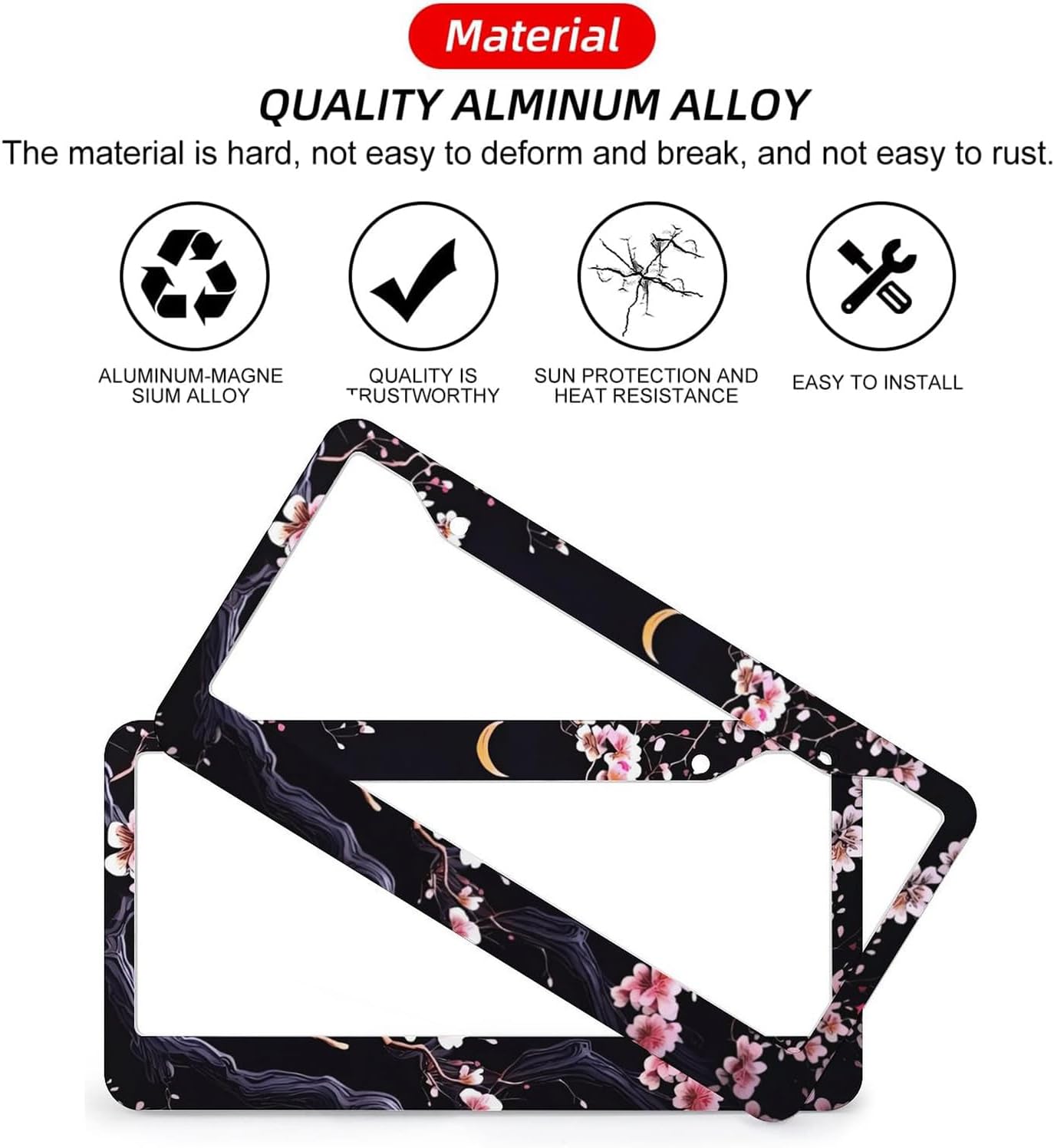 Flowers Plum Blossom Moon License Plate Frames - 2 Pcs Set 2 Holes Metal Aluminum Auto Car Accessories Decoration License Plate Frame 12.2 x 6.3 inch for Women Men Gift