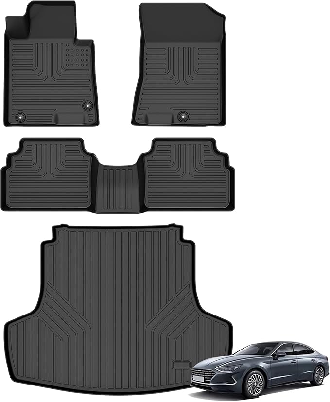Floor Mats & Cargo Liner for 2021-2026 Kia K5 (Only FWD Models) & Hyundai Sonata/Sonata Hybrid 2020-2026 All Weather Automotive TPE Liners Set Waterproof Accessories (Car Mats+Trunk Mat) Black
