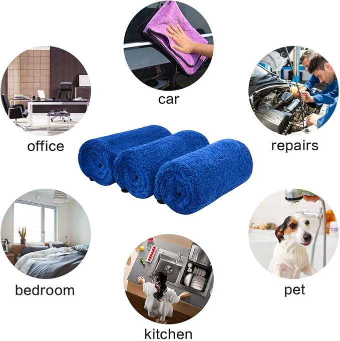 SINLAND Microfiber Car Drying Towels Ultra Absorbent,No Streaks,Scratches, or Water Spots,Wash Cleaning Auto Detailing Towels 380gsm 16inch x 24inch 3Pack Blue