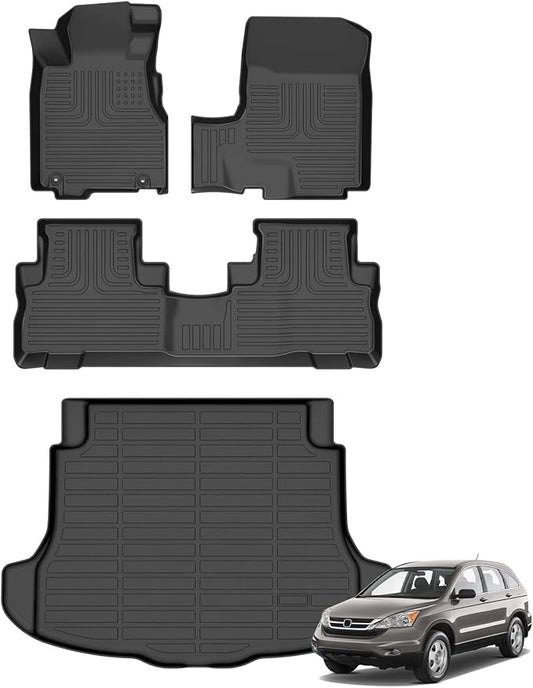 Floor Mats & Cargo Liner for Honda CR-V CRV 2007-2011, All Weather Automotive TPE Liners Set Anti-Slip Waterproof Floor Liners Accessories (Car Mats+Trunk Mat) Black