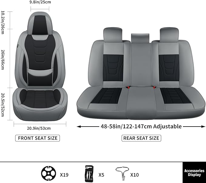Car Seat Covers for Full Set – Waterproof & Breathable Faux Nappa Leather, 360° Wrap Design, Airbag Compatible, Lumbar Support, Great for Drivers Who Need Driving Comfort,Gray and Black