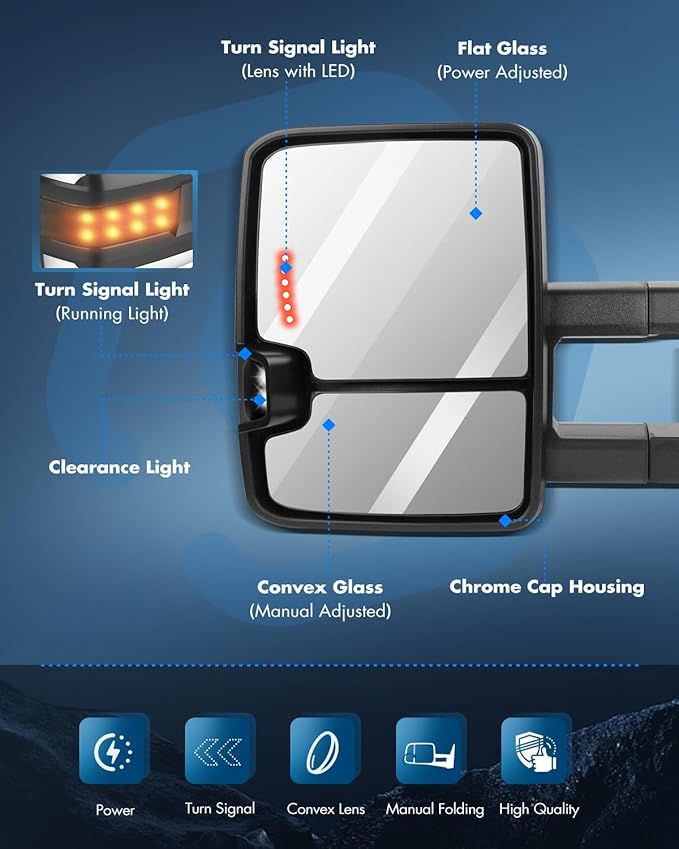 ECCPP Towing Mirrors Tow Mirrors With 1988-1998 For Chevy Silverado For GMC Sierra 1500 2500 3500 Power Adjusted No Heated Led Turn Signal Width Light Chrome Pickup