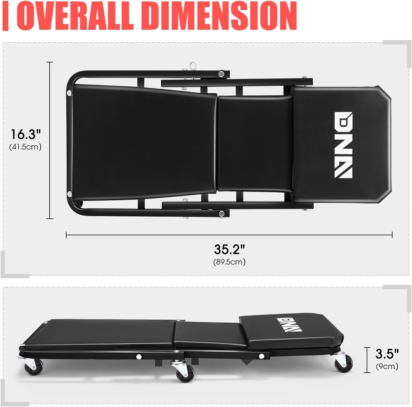 DNA MOTORING 36 Inches Folding 2 in 1 Rolling Z Creeper, Adjustable Roller Garage Chair Lay Down or Sit, 6 Pcs Casters, 330 LBS / 150kg Weight Capacity, Black, TOOLS-00493