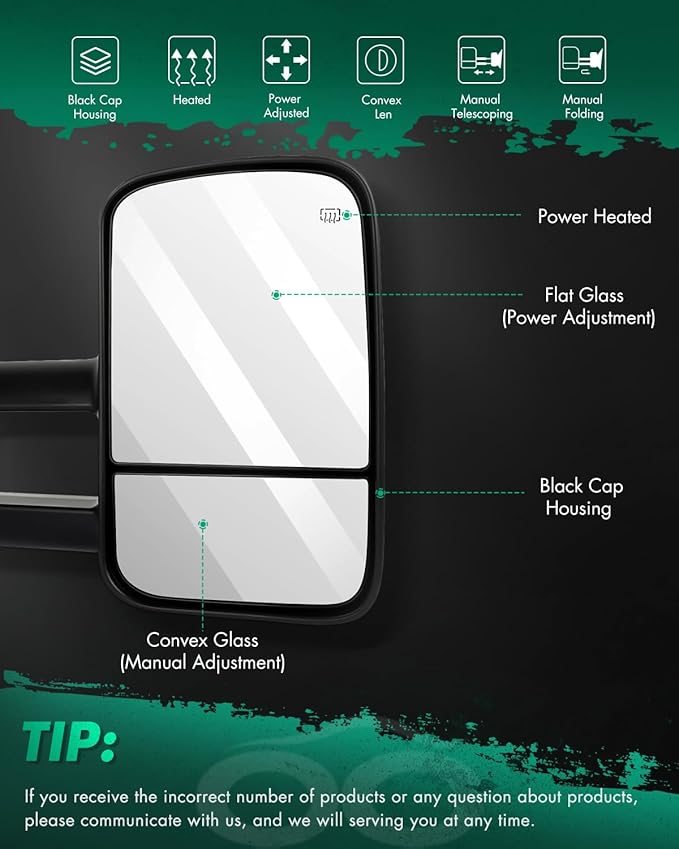 SCITOO Towing Mirrors fit For Chevy For GMC Exterior Accessories Mirrors fit 2007-2013 Silverado Sierra (07 New-Body Style) with Power Controlling (Main Mirror) Heated Manual Telescoping Folding