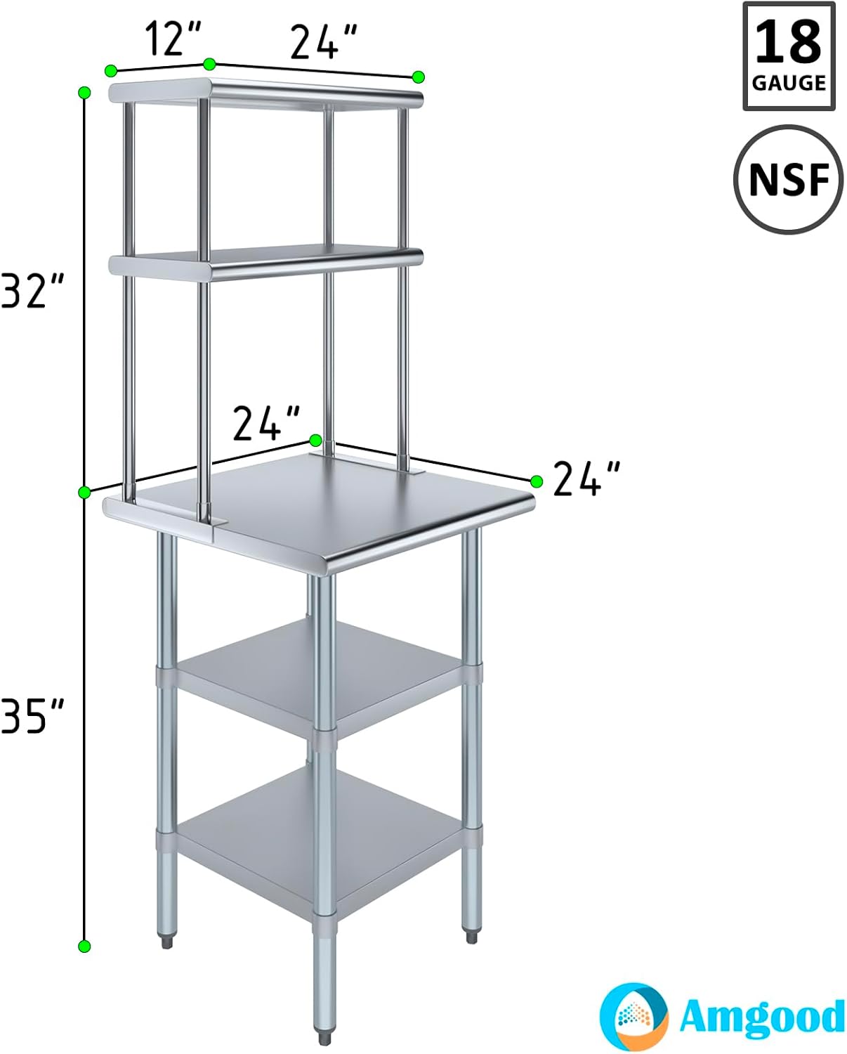 Amgood Stainless Steel Work Table with 2 Shelves | Metal Kitchen Prep Table & Shelving Combo (24" x 24" Table with 2 Shelves + 12" Overshelf)