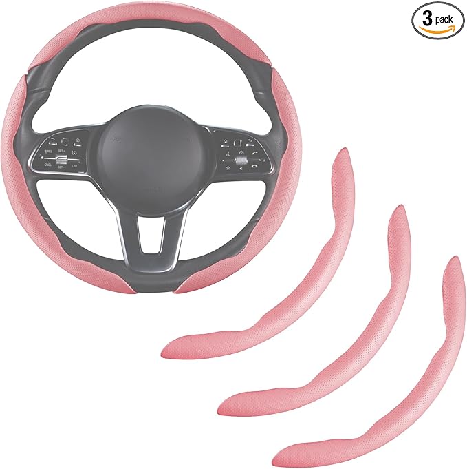 Nappa Leather Car Steering Wheel Cover for Men Women, Ultra-Thin Non-Slip Breathable Microfibre, Universal for 14.5"-15" Steering Wheel - Pink