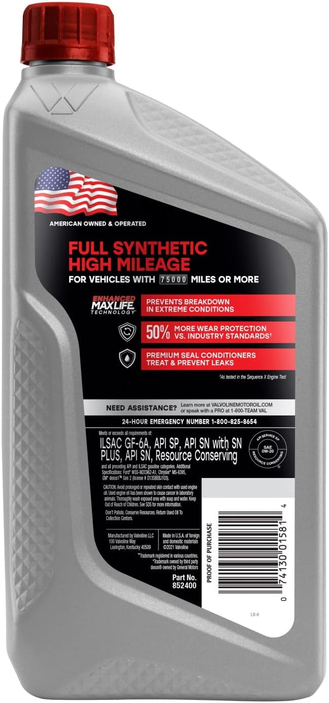 Valvoline Full Synthetic High Mileage with MaxLife Technology SAE 0W-20 Motor Oil 1 QT (Packaging May Vary) (Pack of 2)