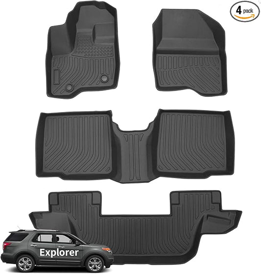Wayhigh-All Weather Floor Mats Fit for 2011-2014 Ford Explorer 7 Seats TPE Car Mats Waterproof Heavy Duty Rubber Floor Liners for Explorer Accessories Custom Fit Black Liners