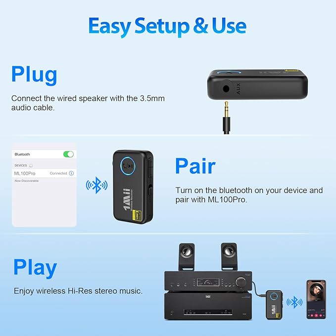 1Mii LDAC Bluetooth Aux Adapter for Car, Wireless Bluetooth 5.3 Receiver with Volume Control, 10H Battery Life, Hands Free Calls, Use in Car/Home Stereo/Wired Headphones/Speaker
