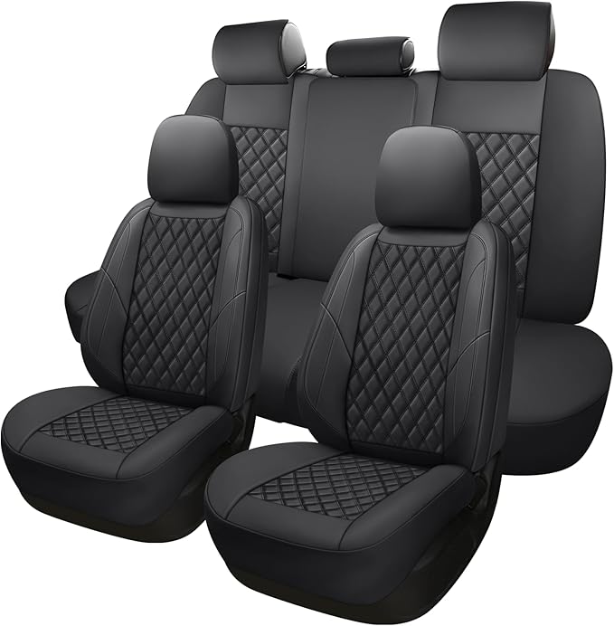 Premium Leather Car Seat Covers Full Set,Universal Fit for Cars,Trucks&SUVs,Waterproof Car Seat Cushion,Full Coverage Car Seat Protector with 5 Seats,Black
