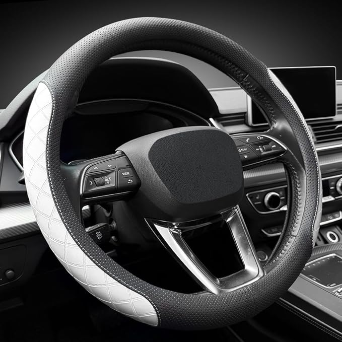 LKWLIKEI Nappa Leather Steering Wheel Cover, Elegant Diamond Checkered Design, Non-Slip wear-Resistant, Enhance Driving Comfort, Suitable for Steering Wheel Diameter 14 1/2‘-15’ Models.Black White