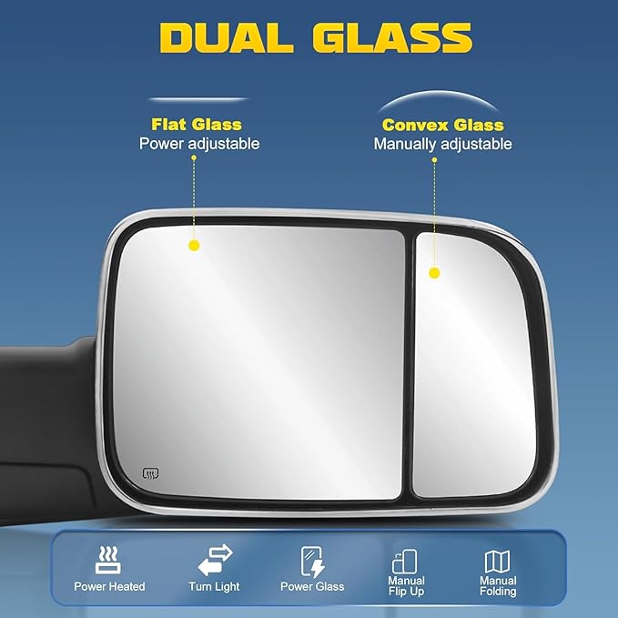 Pair Power Heated Towing Mirrors Compatible for 1998-2001 Dodge 1500 1998-2002 Ram 2500 3500 w/Amber Turn Signal Light Side Tow Mirror Manual Telescoping Fold (Chrome)