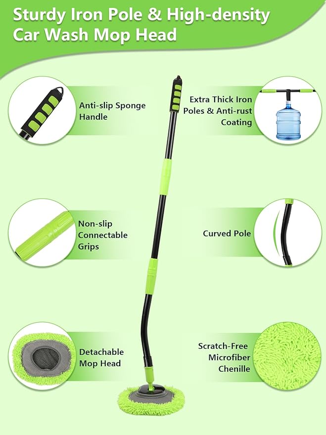 Curved Car Wash Brush Mop 47" with Long Handle Sturdy Metal Pole 3 Grip Points Washing Wand Auto Cleaning Tool Kit Scratch-Free Chenille Microfiber Soft Duster for Cars RV SUV Truck Caravan Van Window